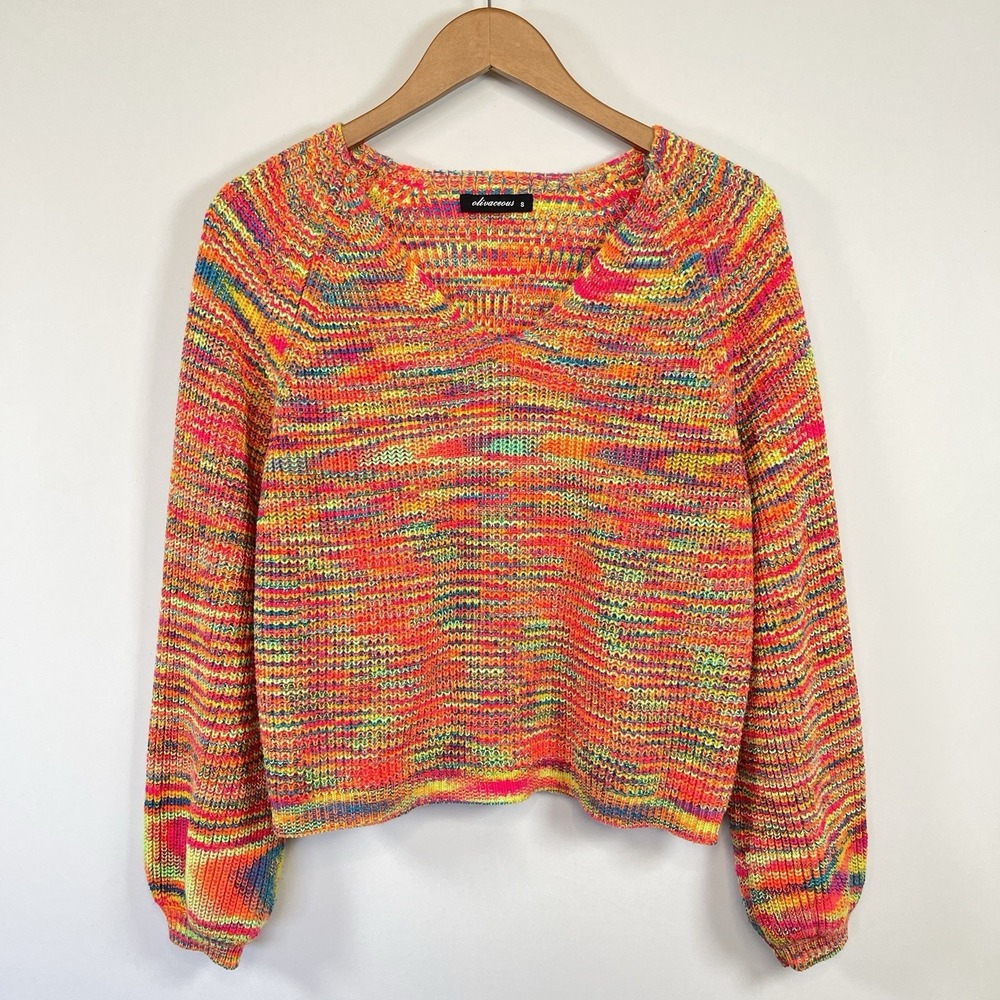 Olivaceous‎ Womens Neon Rainbow Crop V-Neck Sweater Size S